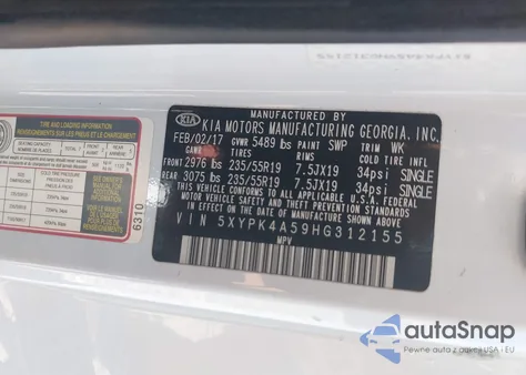 2017 Kia Sorento 3.3L Sx z USA, uszkodzony, nr VIN 5XYPK4A59HG312155